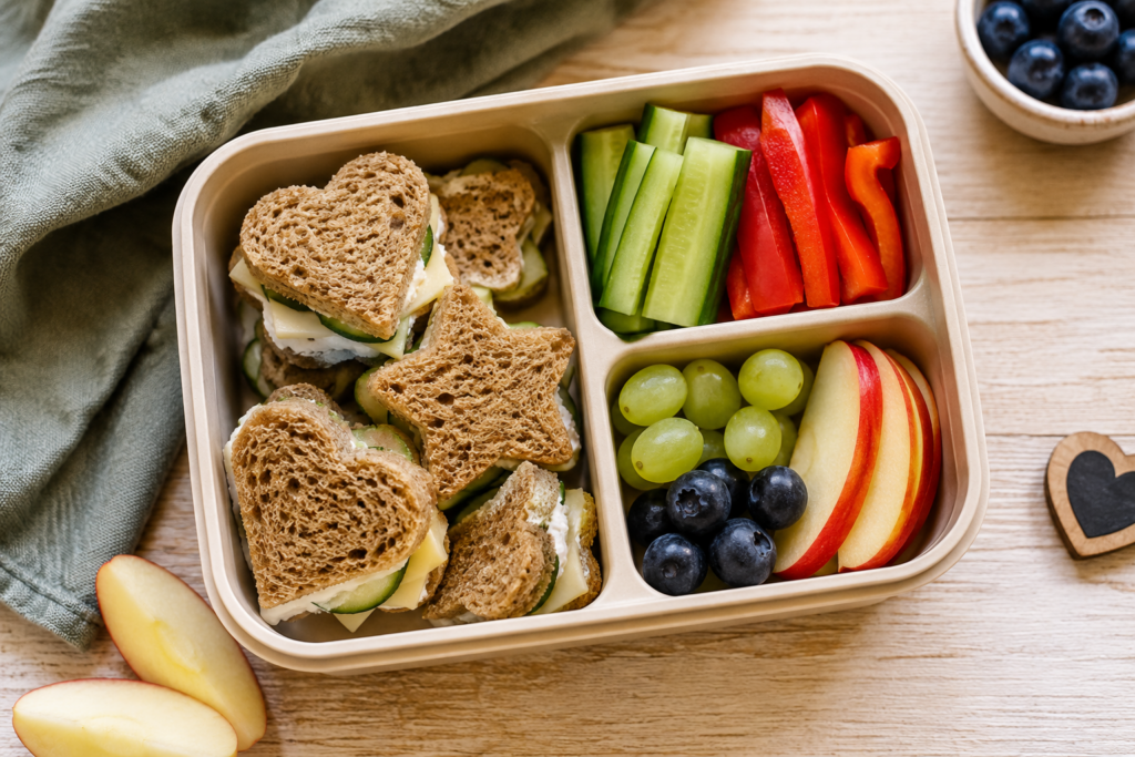 Kinderfreundliche Brotdose mit Vollkorn-Sandwiches, Käse, Gurke, Paprika und Obst