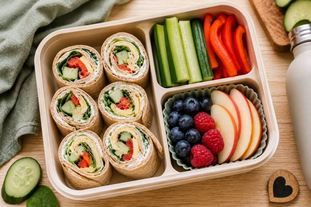Proteinreiche Brotdose mit Vollkorn-Wrap-Röllchen, Gemüse und Beeren