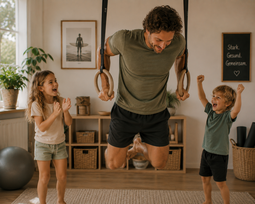 Training an den Ringen Vater zwei Kinder