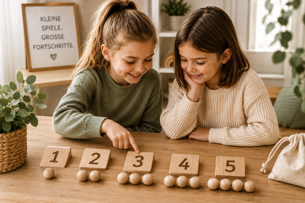Kinder spielen Zahlenspiel gemeinsam 