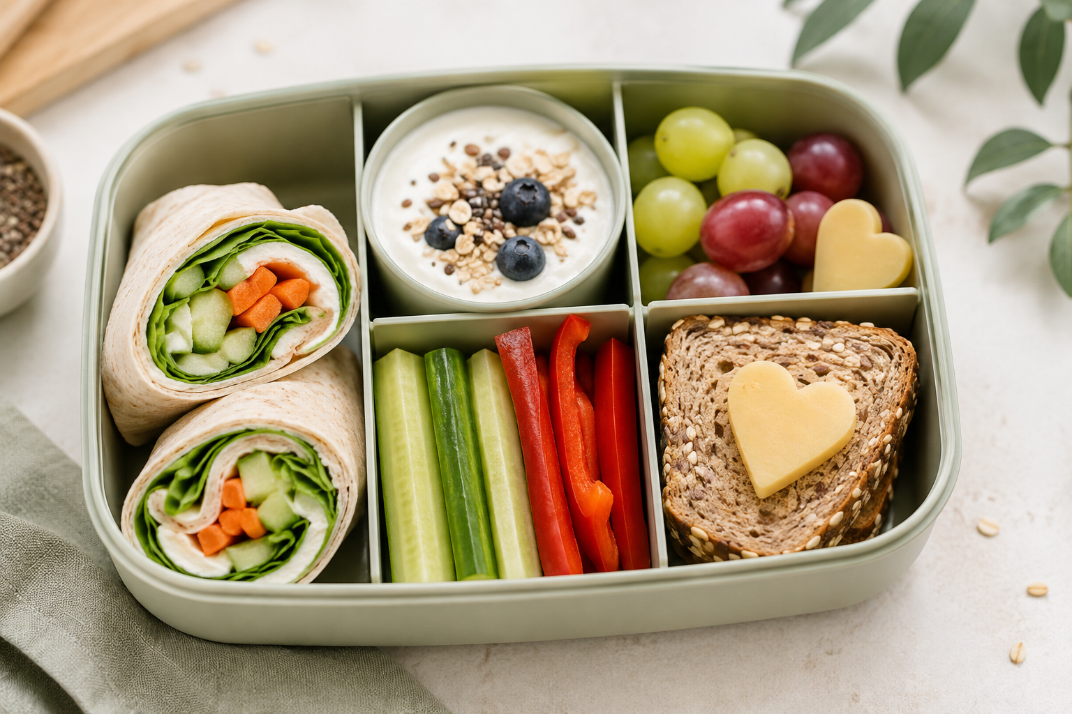 Kinderfreundliche Brotdosen mit Wraps, Joghurt, Obst, Gemüse und Vollkornbrot