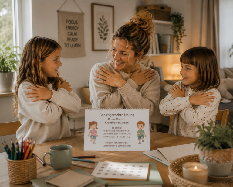 Mutter und zwei Kinder bei einer spielerischen Konzentrationsübung am Tisch
